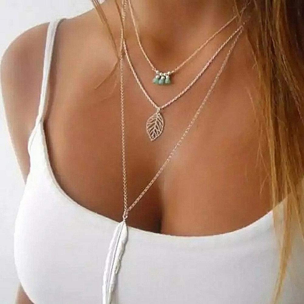 NEW Boho Silver Multilayer Turquoise Leaf Necklace